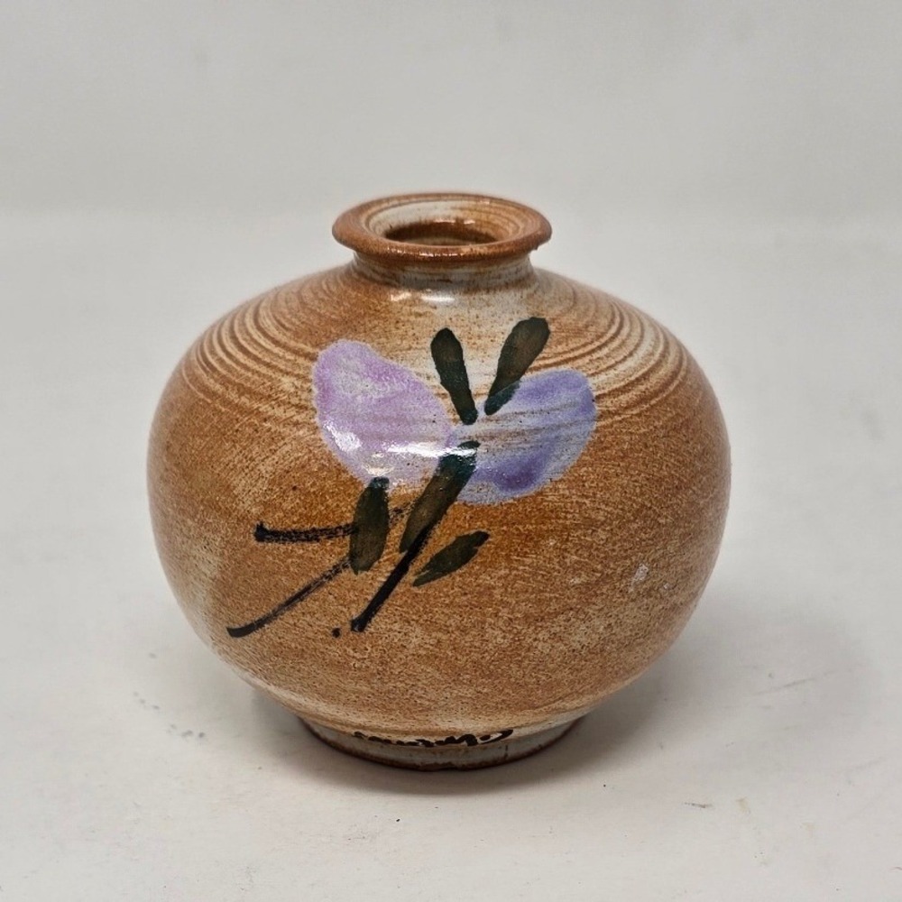 Vtg studio pottery hand painted bud vase miniature floral signed ceramic decor